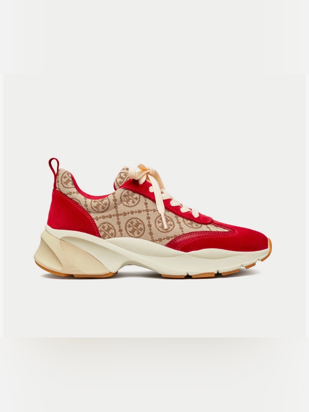 Tory Burch T MONOGRAM GOOD LUCK TRAINER Red Suede and Beige Monogram